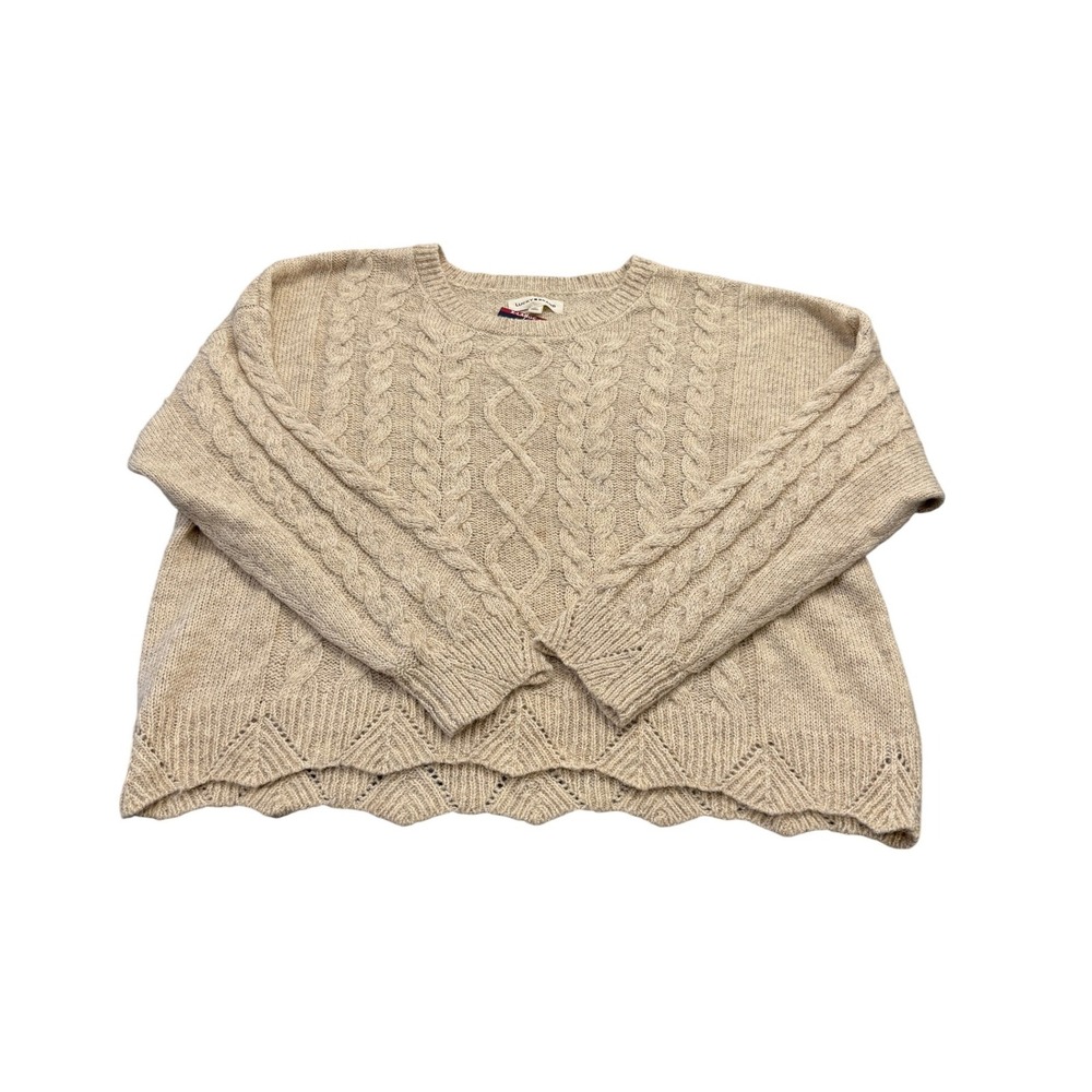Lucky Brand Womens XL Oatmeal Cable Knit Metallic Shimmer Scalloped Hem Sweater